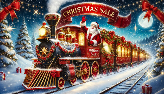 A cheerful Santa waves from a beautifully adorned steam train surrounded by snow and holiday decorations. This enchanting scene captures the spirit of Christmas