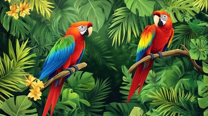 Design a tropical rainforest background featuring parrots amidst thick, green vegetation.