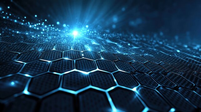 abstract background with hexagonal carbon fiber design, showing bright energy light breaking through the hexagons. - Powered by Adobe