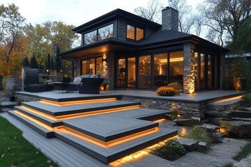 sophisticated outdoor living multilevel composite decking in chic ash grey subtle deck lighting creates ambiance ideal backdrop for landscape design showcasing modern alfresco lifestyle