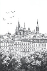 Fototapeta premium Nantes, France, black and white pen pencil hand-drawn effect portrait drawing illustration for travel poster, card, wallpaper, backdrop or banner. Modern, clear, artistic and simple
