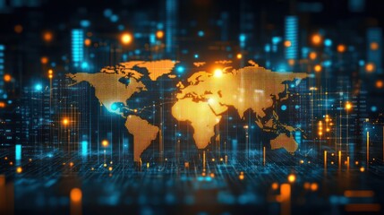 A global business network visual, with data analytics, financial growth charts, and digital marketing elements blending to represent economic growth through social networking.