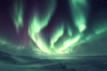 spectacular aurora borealis illuminating night sky vibrant green and purple ribbons dancing over snowy landscape mystical and aweinspiring natural phenomenon