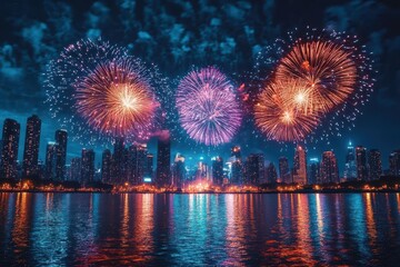 Fototapeta premium spectacular fireworks display over city skyline at night vibrant bursts of color reflecting in calm water creating festive and magical atmosphere for celebration