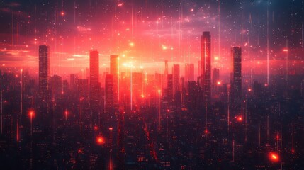 A futuristic city skyline integrated with digital financial charts and rising trend lines, showcasing the relationship between urban investments and global economic growth.