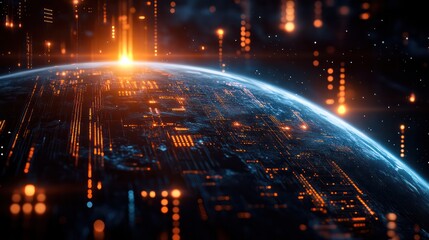 A futuristic business concept visual, showing economic growth through global business networks, with data charts and digital marketing elements surrounding a globe.