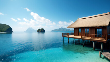 beach hut, pool in tropical resort, pool in the maldives, beach with palm trees and sea
