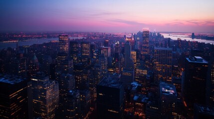 Describe the dusk in New York, capturing the cityscape as the lights begin to twinkle.