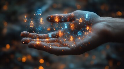 A futuristic animation of a Caucasian hand holding virtual people icons connected in a glowing web, representing social media and business networks.