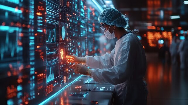 A futuristic animation of data analytics displayed above diverse surgeons, highlighting the connection between medical expertise and technological innovation in surgery.
