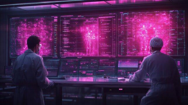 A futuristic animation of data analytics displayed above diverse surgeons, highlighting the connection between medical expertise and technological innovation in surgery. - Powered by Adobe