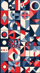 Abstract geometric pattern with red, blue, and white colors.