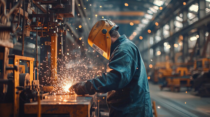 Industrial worker in a large factory, wearing protective gear, sparks flying from welding equipment, heavy machinery in the background