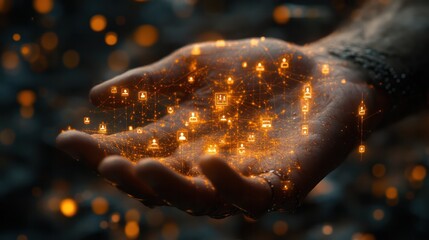A futuristic animation of a Caucasian hand holding virtual people icons connected in a glowing web, representing social media and business networks.