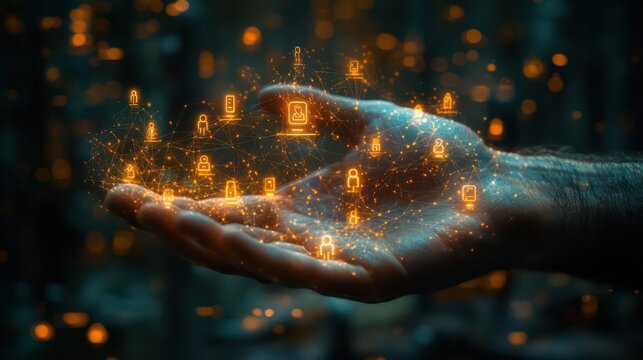 A futuristic animation of a Caucasian hand holding virtual people icons connected in a glowing web, representing social media and business networks.