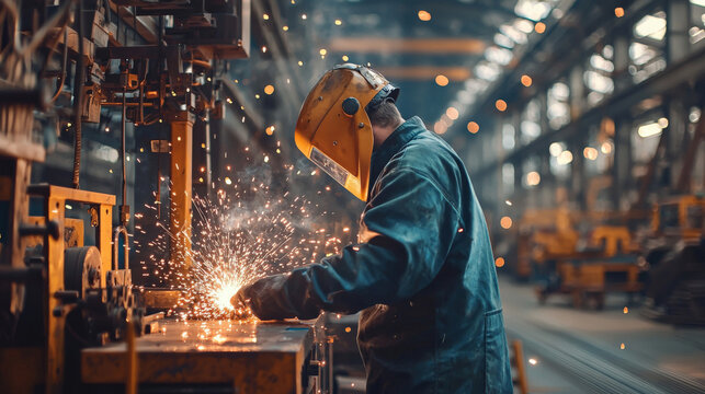 Industrial worker in a large factory, wearing protective gear, sparks flying from welding equipment, heavy machinery in the background
