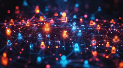 Obraz premium A freelance business network icon, featuring linked figures with digital elements, perfect for representing freelance collaboration.