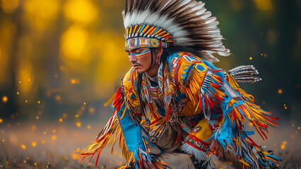Native American dancer in vibrant regalia performs at powwow. Concept of cultural celebration and tradition