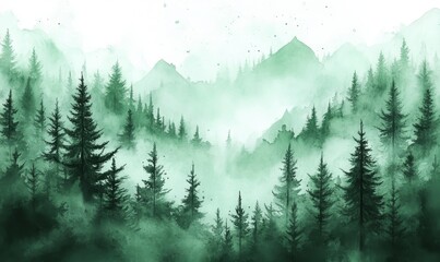 Fototapeta premium Mist-covered Forest Landscape During Early Morning With Tall Evergreen Trees in Serene Atmosphere