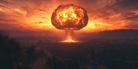 A fiery mushroom cloud over a town.