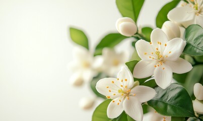 Obraz premium Beautiful White Flowers With Yellow Centers Blooming on a Branch Against a Light Background