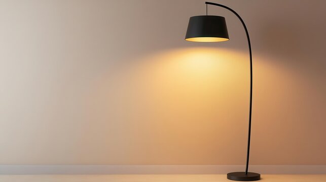 A modern arc floor lamp isolated on a white background, casting ambient light in a curved pattern arc lamp, illumination, ambient design