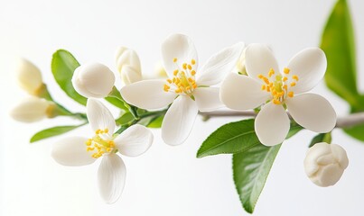 Obraz premium Beautiful White Flowers With Yellow Centers Blooming on a Branch Against a Light Background