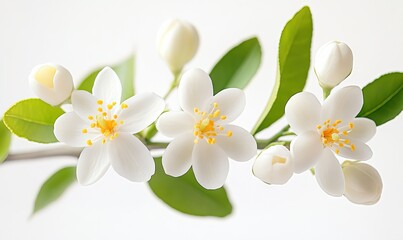 Obraz premium Beautiful White Flowers With Yellow Centers Blooming on a Branch Against a Light Background