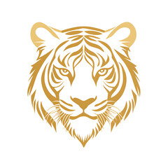 A stylized illustration of a golden tiger head on a white background.