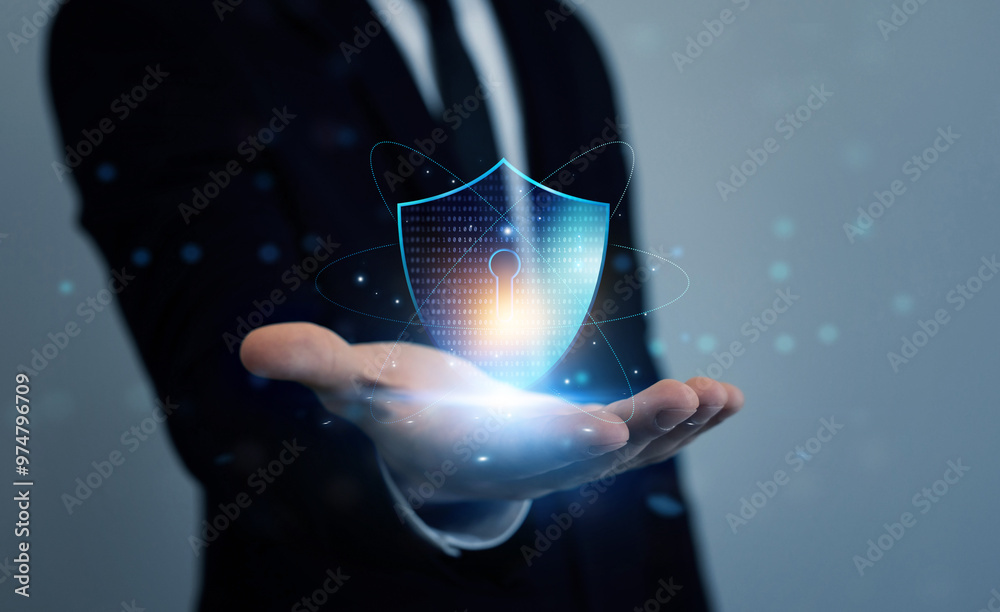 Poster cyber security protection concept. protecting herself from cyber attacks and personal data.portectio
