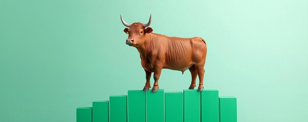 Bull standing atop green stock bars, showcasing upward strategy success, bull market, investment growth strategy
