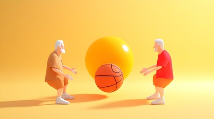 Fototapeta premium Retro basketball scene featuring vintage characters engaged in a lively game on an outdoor court, showcasing classic attire and spirited camaraderie