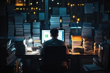 A dark office with a single worker sitting at their desk late into the night, surrounded by overfilled folders and blinking notification lights