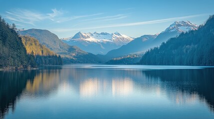 Serene lake surrounded by mountains, reflecting the clear sky and lush forests.