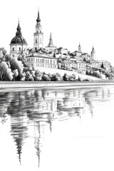 Novi Sad, Serbia, black and white pen pencil hand-drawn effect portrait drawing illustration for travel poster, card, wallpaper, backdrop or banner. Modern, clear, artistic and simple