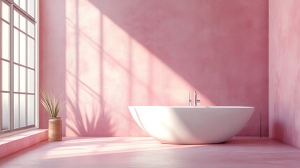 A serene and modern pink bathroom featuring a stylish bathtub and natural light filtering through the window.