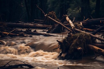 River Debris Flood Water Logs Trees Nature Damage Erosion Current Flow Disaster Storm Environment Natural Disaster

