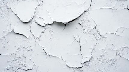 Close-up view of cracked white paint on a wall, showcasing texture and patterns that add character and depth to the surface.