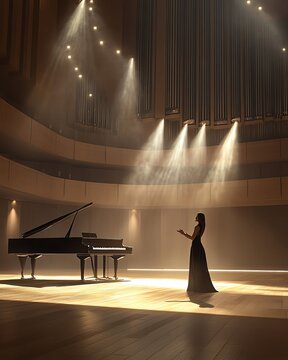 A graceful singer performs on stage next to a grand piano, illuminated by dramatic lighting in a stunning concert hall.