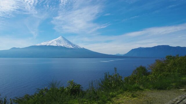 The Osorno Volcano by lake Llanquihue seen from the road from Puerto Varas to Ensenada, Chilean Patagonia