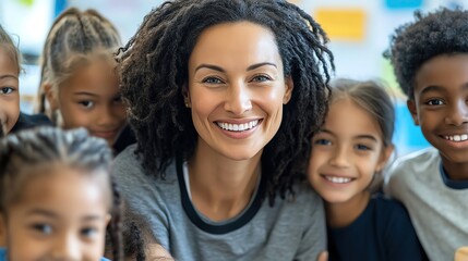Obraz premium Joyful teacher surrounded by diverse children, showcasing education, happiness, and inclusivity in a vibrant classroom environment.