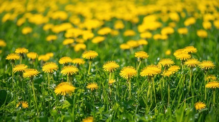 Obraz premium Meadow field covered with vibrant yellow dandelions and lush green grass in a natural scene