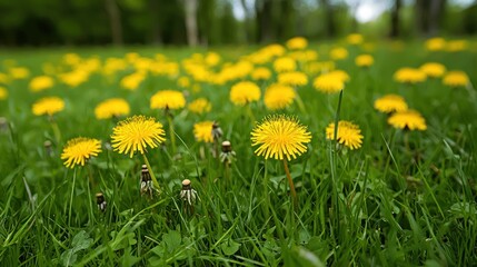 Fototapeta premium Freshly bloomed yellow dandelions amidst a meadow of green grass in a picturesque natural setting