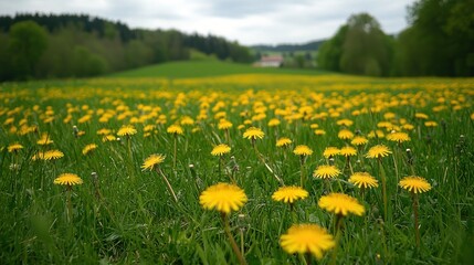 Obraz premium Meadow field covered with vibrant yellow dandelions and lush green grass in a natural scene