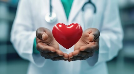A doctor holds a vibrant red heart in both hands, symbolizing care, compassion, and health in a clinical environment.