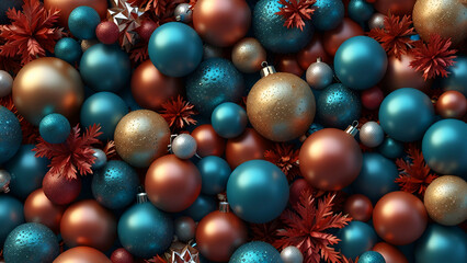 Fantasy abstract Christmas composition with colorful festive 3D objects.