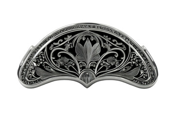 Intricately detailed silver ornamental pieces with floral motifs and fretwork evoke timeless elegance and intricate craftsmanship. Isolate white background.