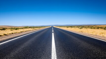 Fototapeta premium A deserted highway stretching into the horizon with a clear blue sky