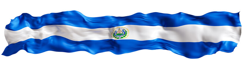 Stylized flag of El Salvador waving in wind on transparent background. Footer, header or divider. Cut out wide, panoramic element. Banner for patriotic themes or national event promotions. 3D.