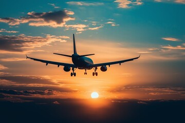 Fototapeta premium An airplane takes off into a stunning sunset, emitting warm hues and symbolizing travel, freedom, and adventure.